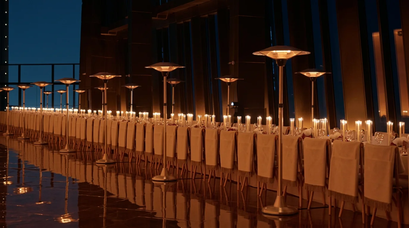 Candlelit banquet table on The Rooftop at Lion at night
