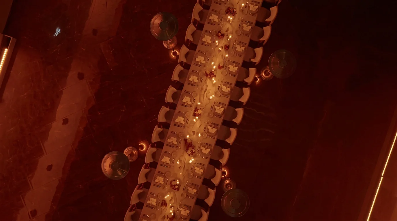 Overhead view of the rooftop event table and place settings