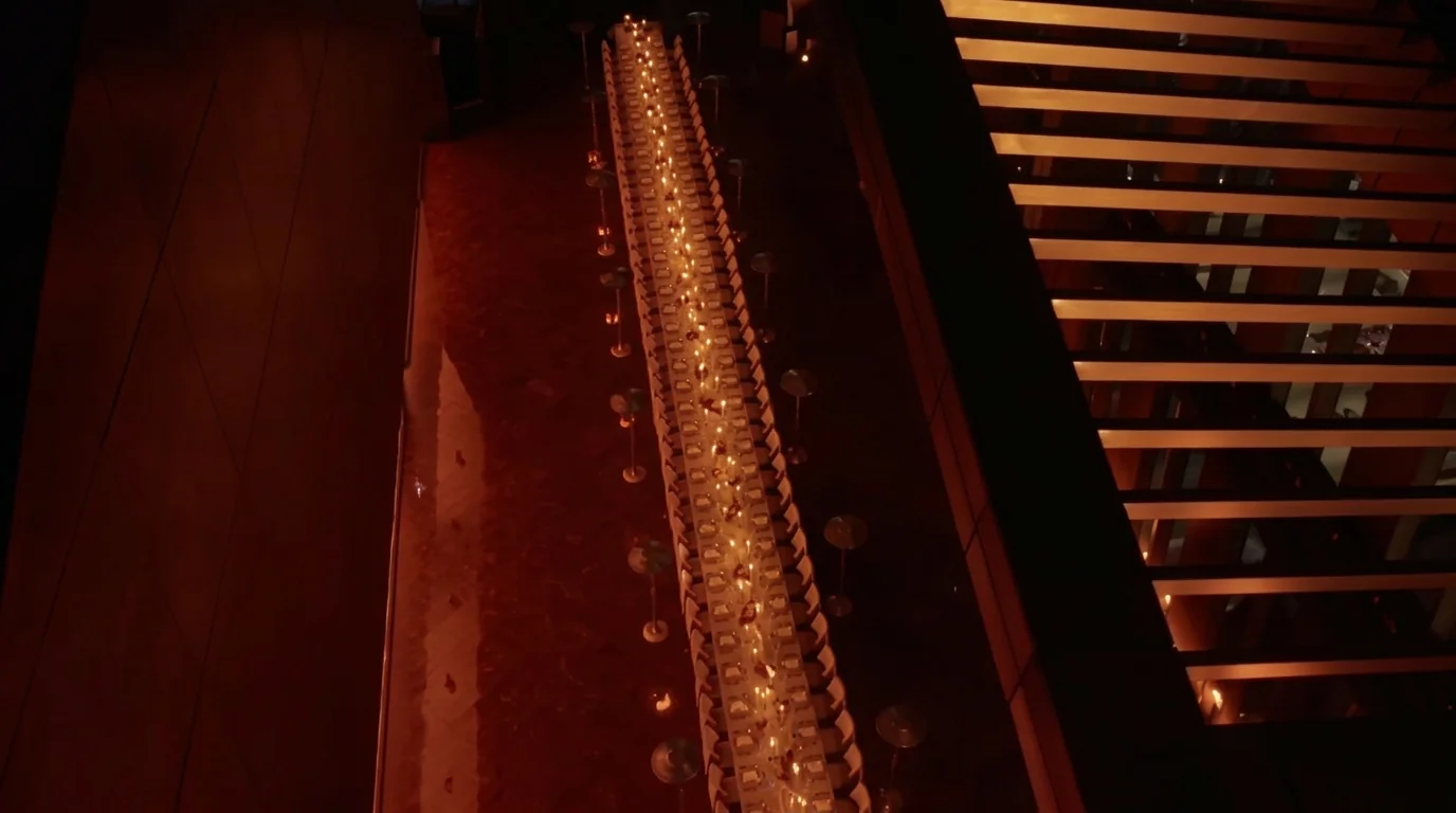 Elevated view of the long rooftop banquet table