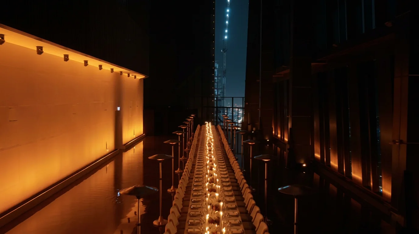 Candlelit rooftop table framed by the Dubai skyline